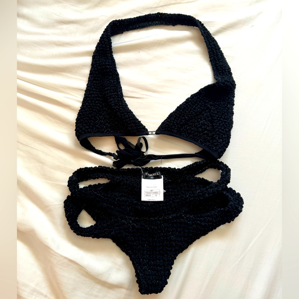 Chanel Black Two-Piece Bathing Suit with light sparkle
